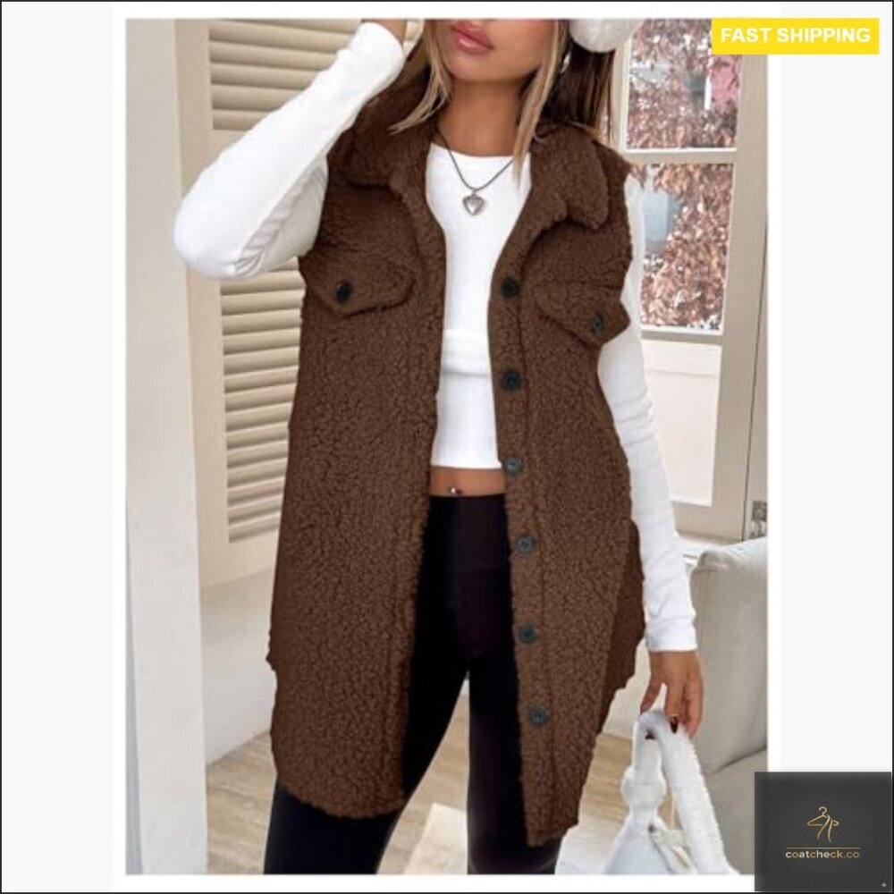 Teddy Fleece Vest Sleeveless Button Down Coat Chic Fall Winter Outerwear - Picture 4 of 5